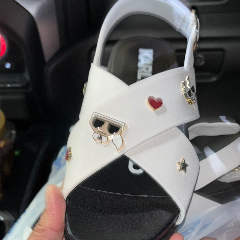 Karl Lagerfeld White and Black Sandals with Playful Embellishments